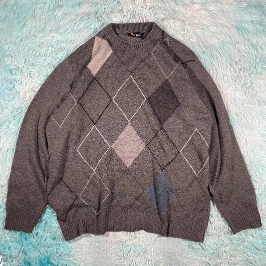 Vintage 90s Grey Grunge Patterned Knitted Jumper - XL
