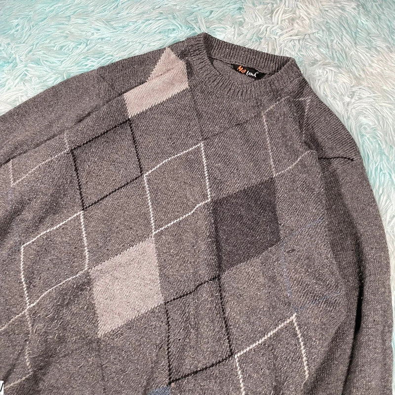Vintage 90s Grey Grunge Patterned Knitted Jumper - XL