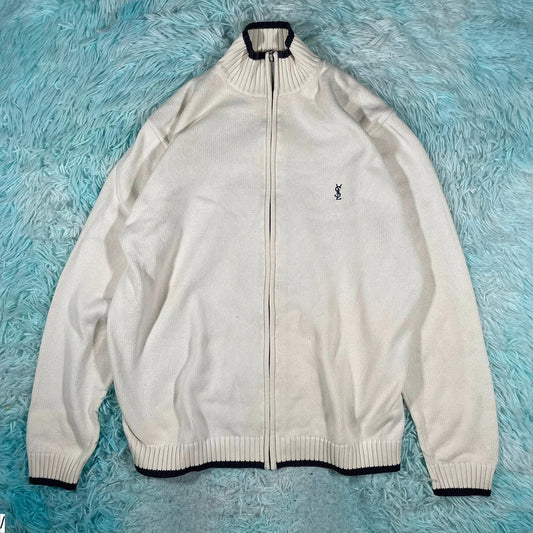Vintage White Yves Saint Laurent Knitted Jumper Full Zip - Medium