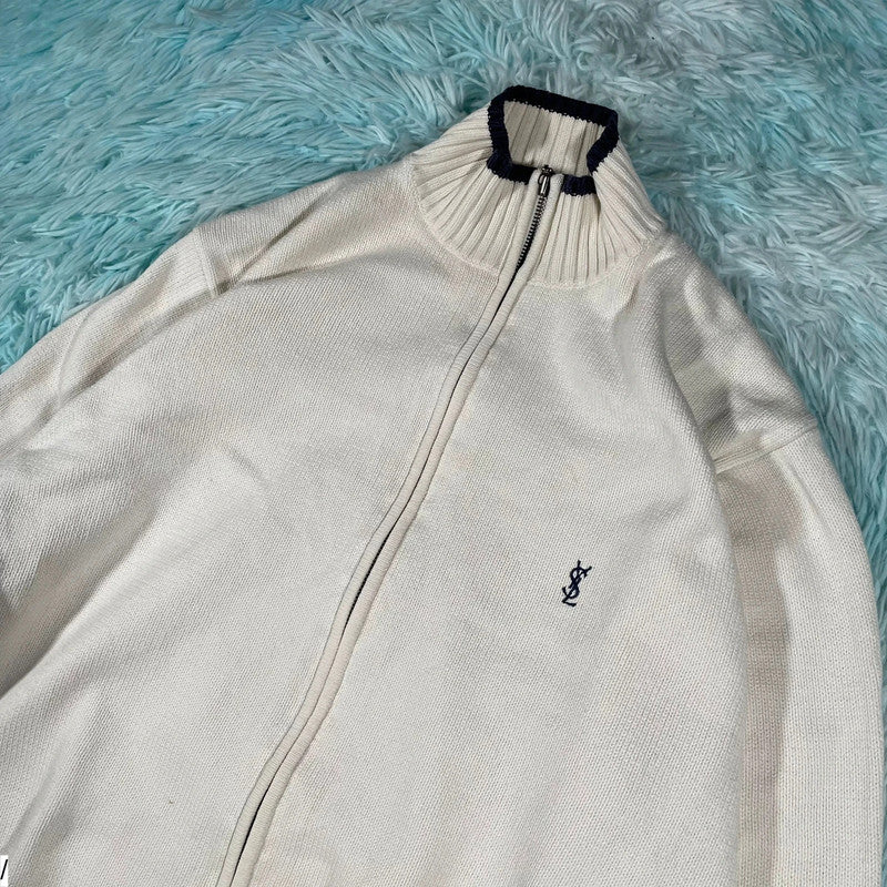Vintage White Yves Saint Laurent Knitted Jumper Full Zip - Medium