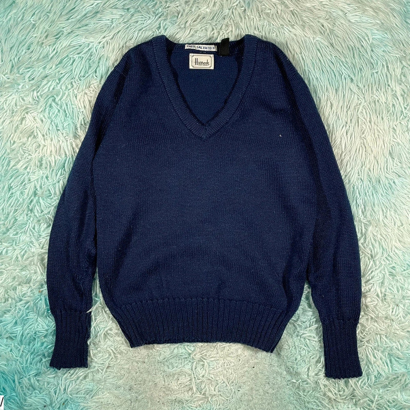Vintage 80s Navy Harris’s V Neck Knitted Jumper - S
