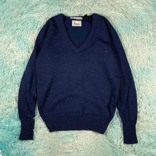 Vintage 80s Navy Harris’s V Neck Knitted Jumper - S