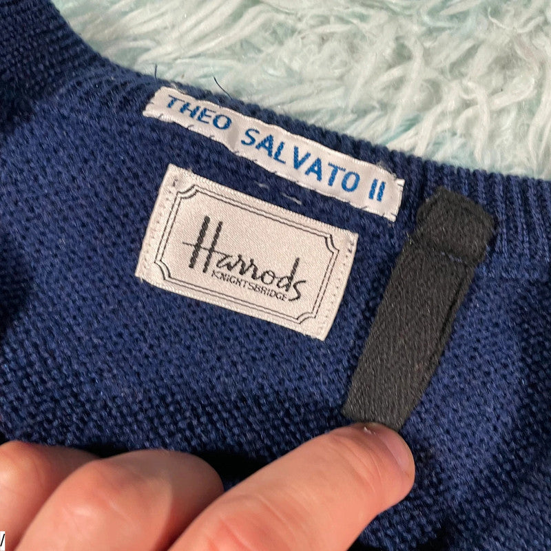 Vintage 80s Navy Harris’s V Neck Knitted Jumper - S