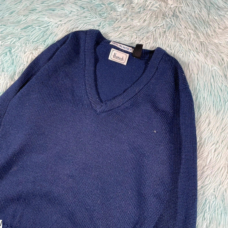 Vintage 80s Navy Harris’s V Neck Knitted Jumper - S