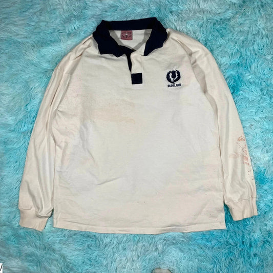 Vintage 80s White Scotland Rugby Shirt Cotton Traders - Large