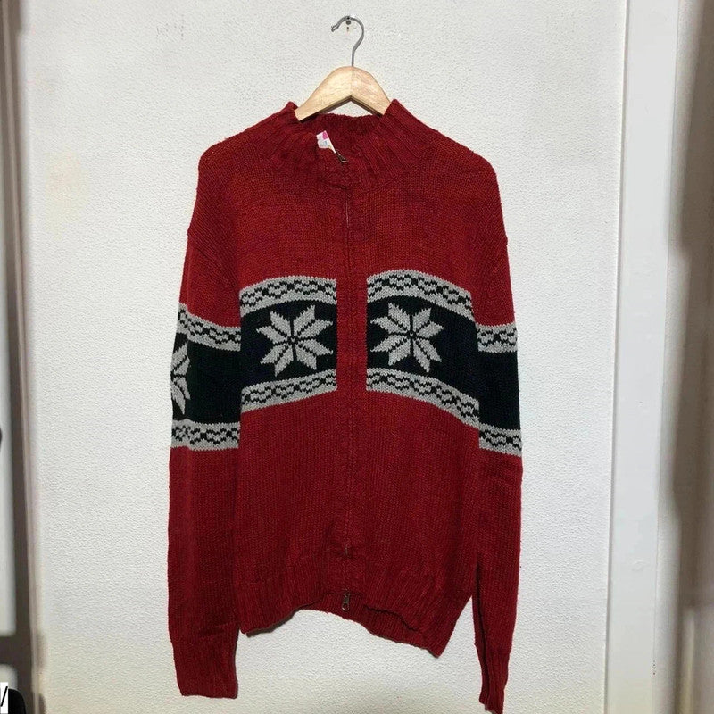 Vintage Red Patterned Snowflake Knitted Jumper Full Zip - Large