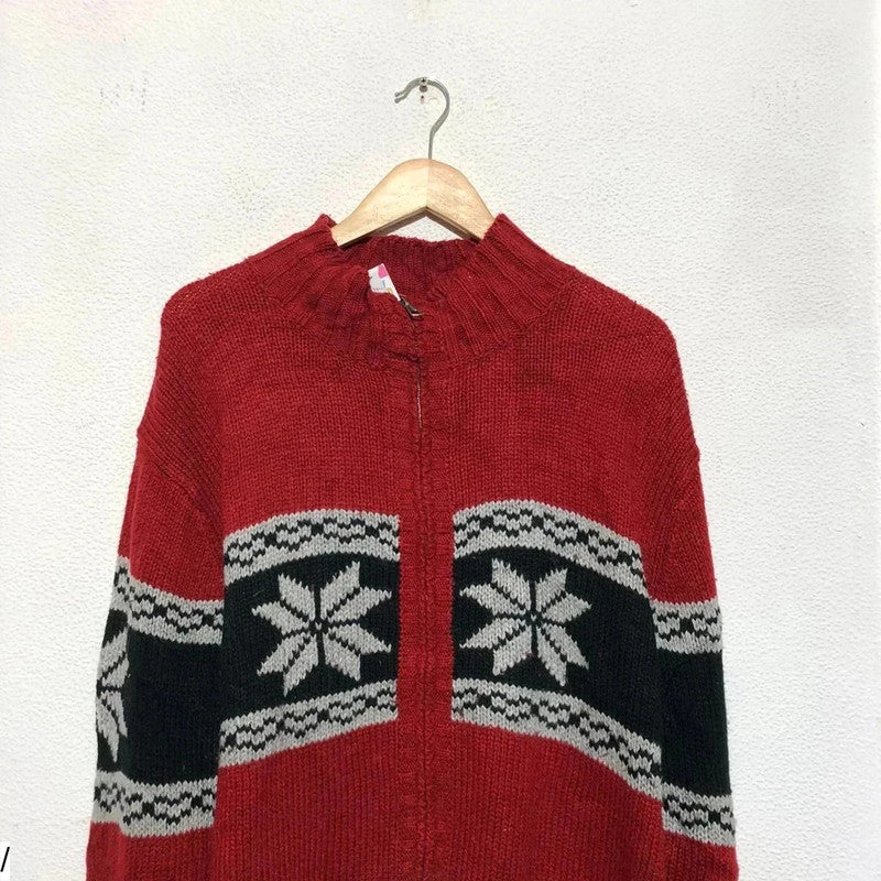 Vintage Red Patterned Snowflake Knitted Jumper Full Zip - Large