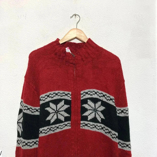 Vintage Red Patterned Snowflake Knitted Jumper Full Zip - Large