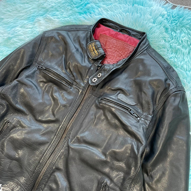 Vintage Black Superdry Leather Biker Jacket - XL
