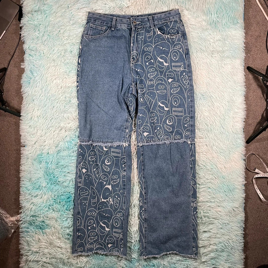 Blue Patterned Baggy Jeans - W32 L32