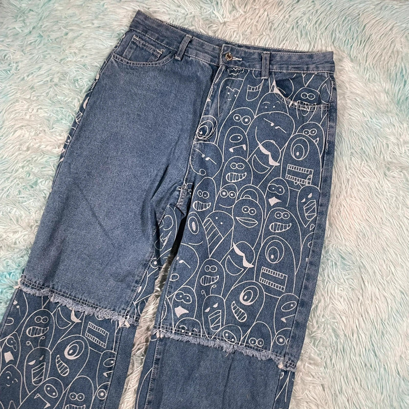 Blue Patterned Baggy Jeans - W32 L32