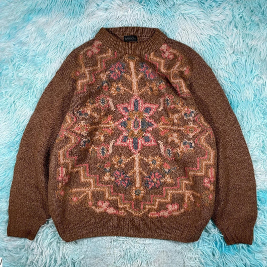 Vintage 90s Brown Patterned Knitted Jumper - Medium
