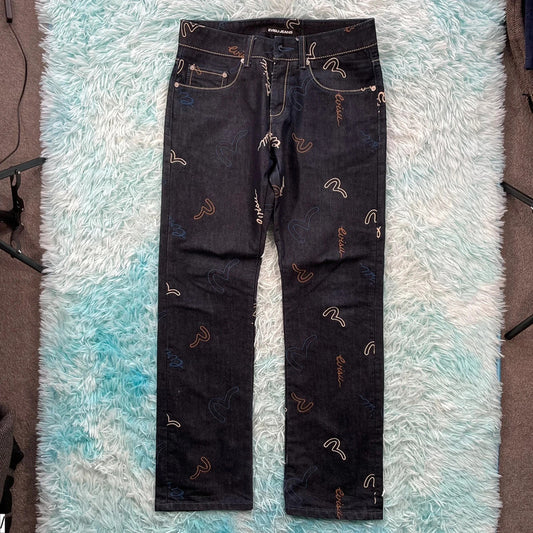 Navy Evisu Genes Jeans All Over Logo - -W32 L32