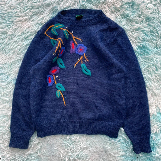 Vintage 90s Navy Canda Knitted Jumper Floral - Size 14