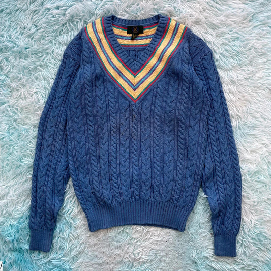 Vintage 90s Blue Cable Knit V Neck Jumper - Small