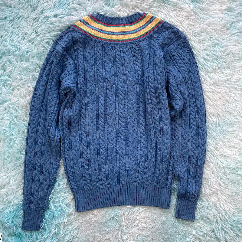 Vintage 90s Blue Cable Knit V Neck Jumper - Small