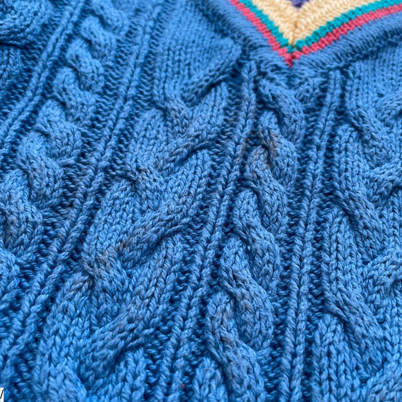 Vintage 90s Blue Cable Knit V Neck Jumper - Small