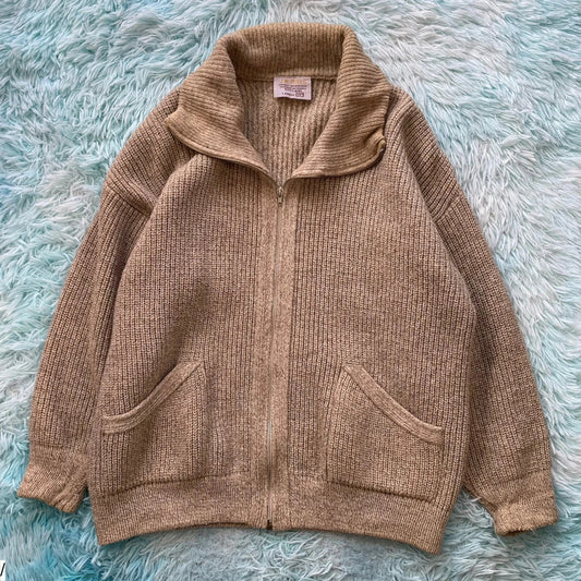 Vintage 90s Beige Wool Knitted Jumper Full Zip France - Large