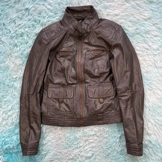 Vintage Dark Brown Leather Jacket Fitted - Medium