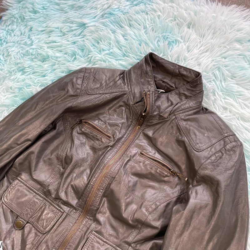 Vintage Dark Brown Leather Jacket Fitted - Medium