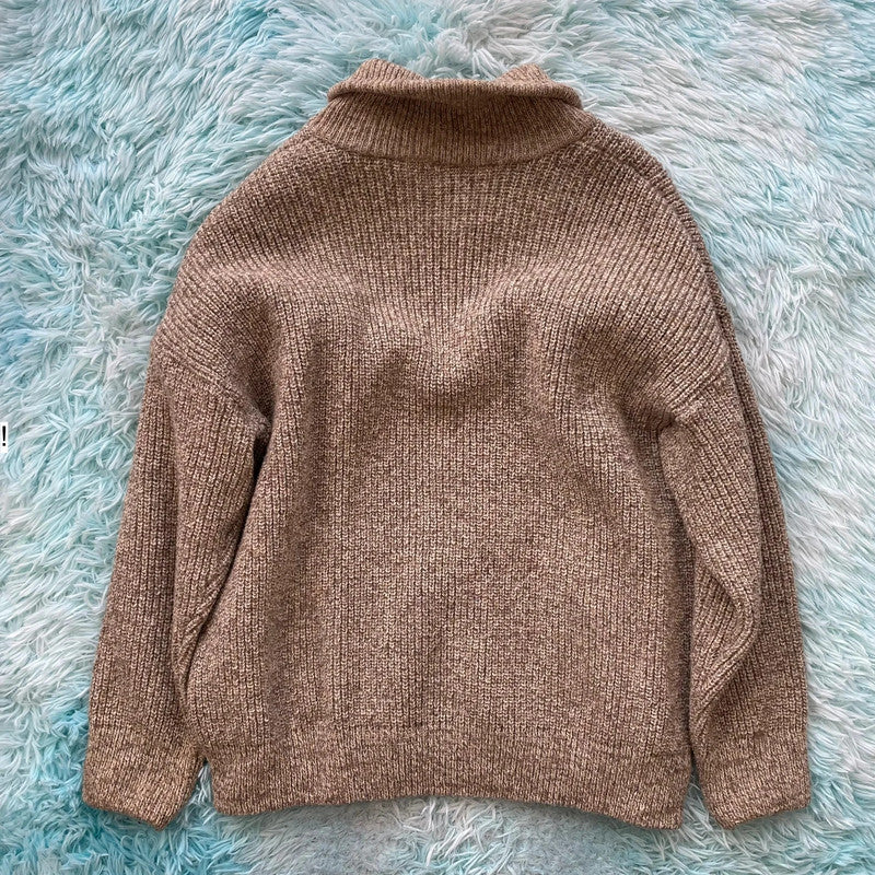Vintage 90s Beige Heavyweight Wool Jumper Full Zip - Medium