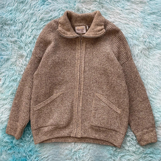 Vintage 90s Beige Heavyweight Wool Jumper Full Zip - Medium