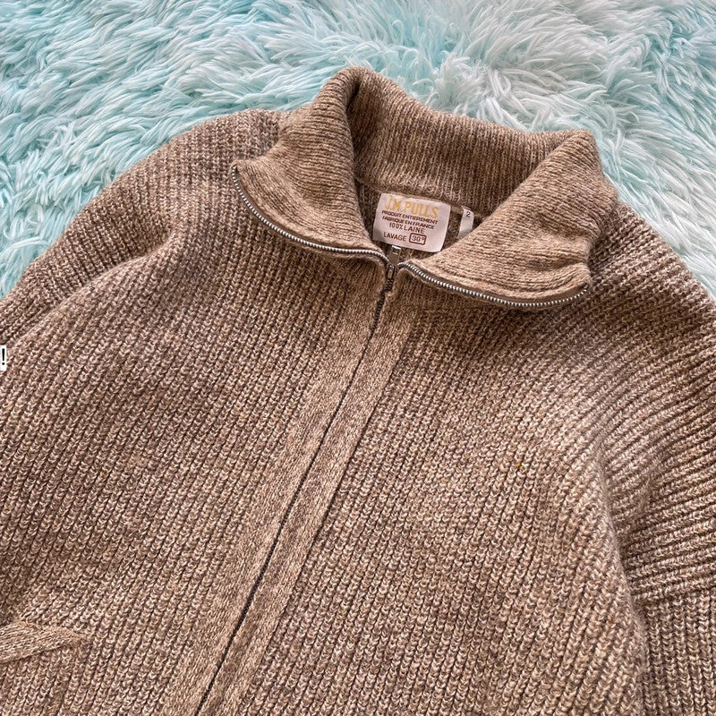 Vintage 90s Beige Heavyweight Wool Jumper Full Zip - Medium