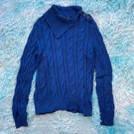 Blue Ralph Lauren Cable Knitted Jumper Collared - Large
