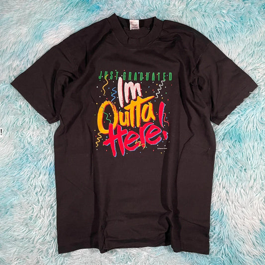 Vintage 90s Black Graduation Print T Shirt - Large
