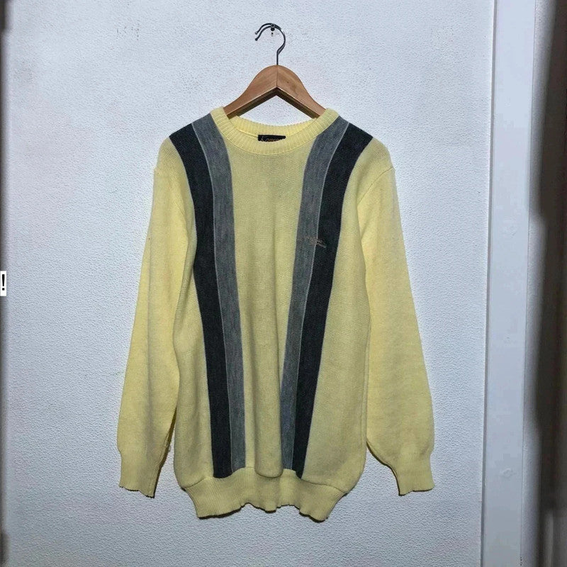 Vintage 80s Yellow Striped Grunge Patterned Knitted Jumper - Large