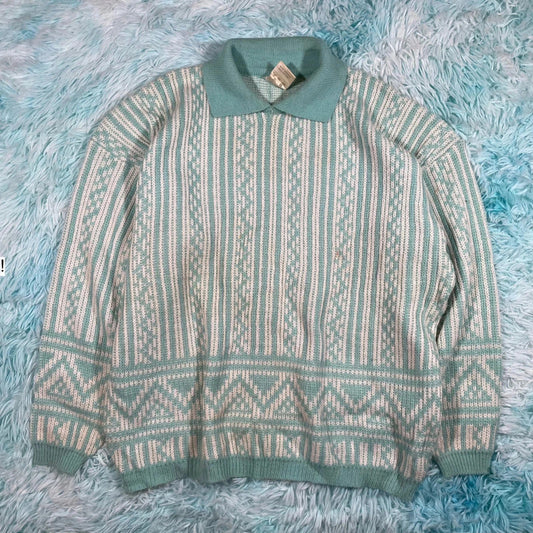 Vintage 80s White & Blue Collared Knitted Jumper - Size 14