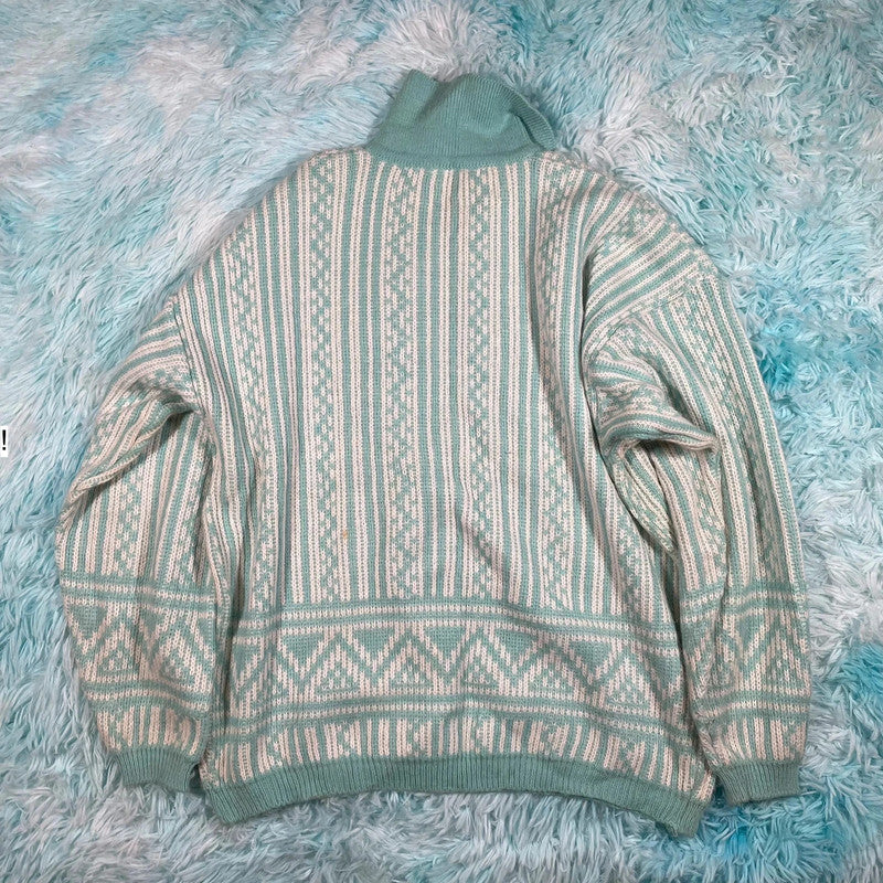 Vintage 80s White & Blue Collared Knitted Jumper - Size 14