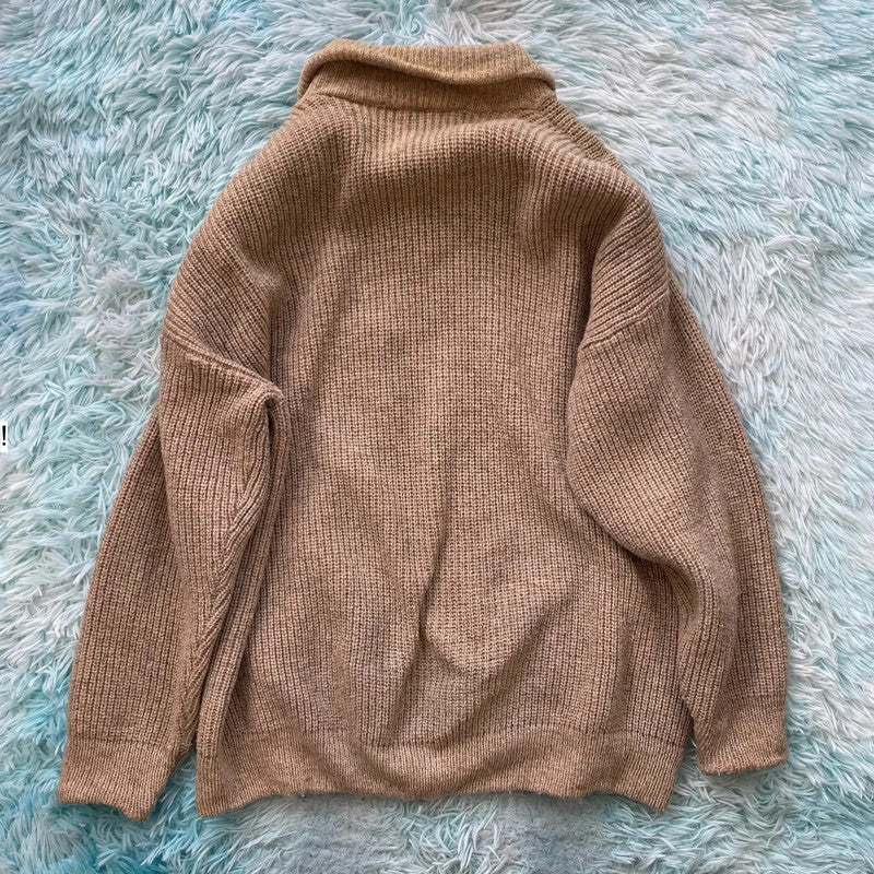 Vintage 90s Beige Heavyweight Full Zip Knitted Jumper Wool France - Medium