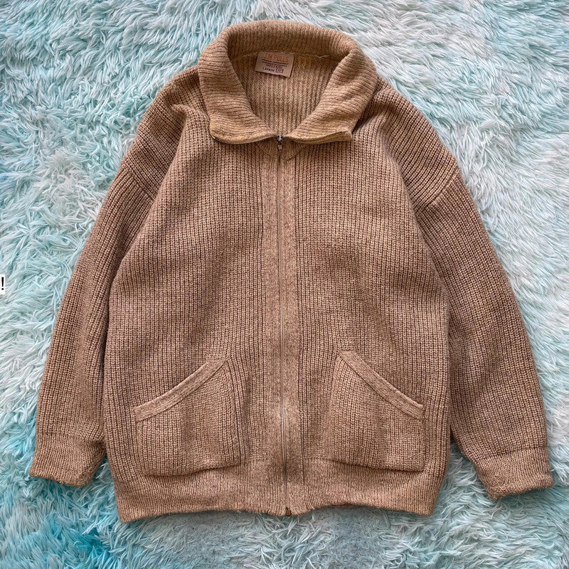 Vintage 90s Beige Heavyweight Full Zip Knitted Jumper Wool France - Medium