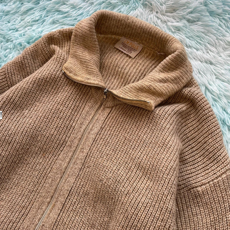 Vintage 90s Beige Heavyweight Full Zip Knitted Jumper Wool France - Medium
