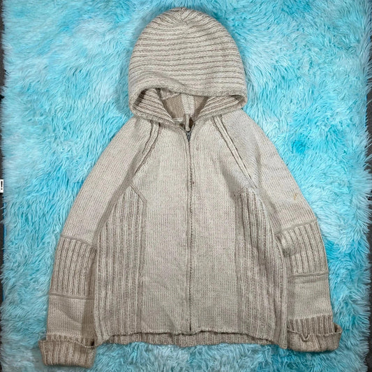 Vintage 00s Cream Knitted Hooded Jumper - Large