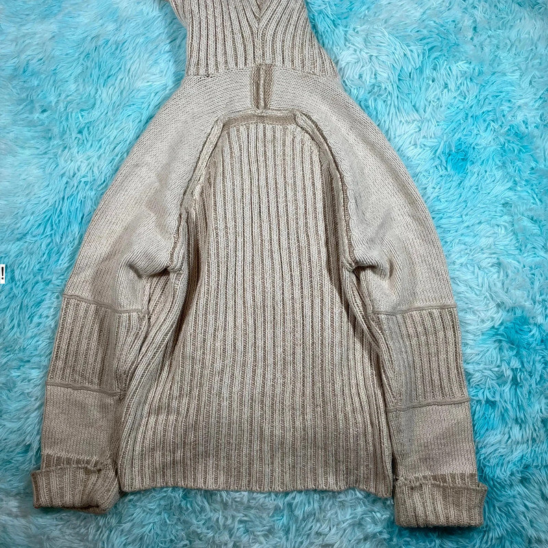 Vintage 00s Cream Knitted Hooded Jumper - Large