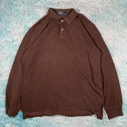 Vintage Brown Polo Ralph Lauren Polo Shirt Long Sleeve - Large