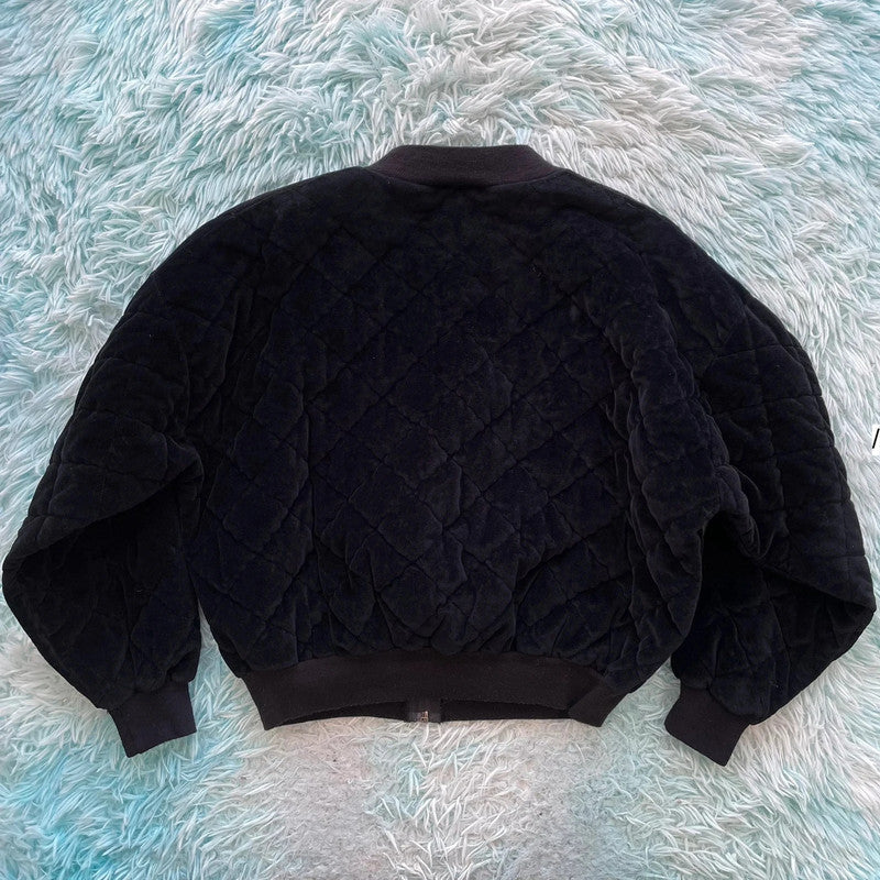 Vintage 80s Black Velvet Quilted Bomber Jacket