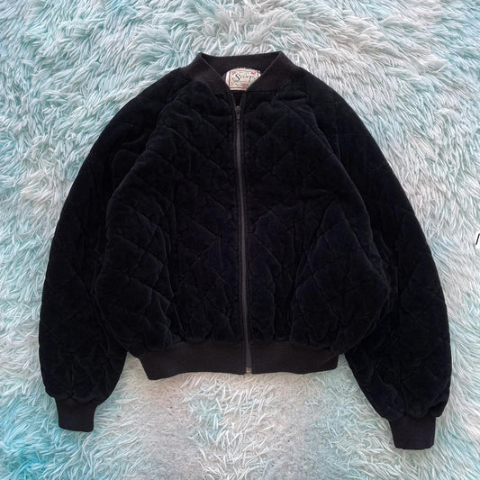 Vintage 80s Black Velvet Quilted Bomber Jacket