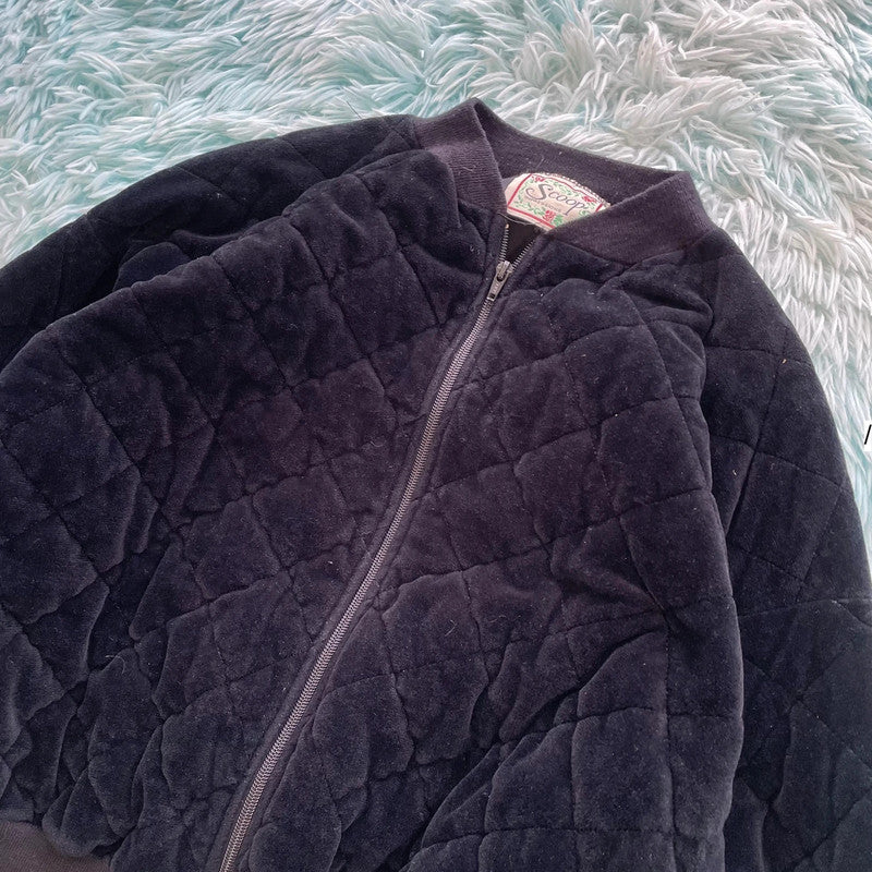 Vintage 80s Black Velvet Quilted Bomber Jacket