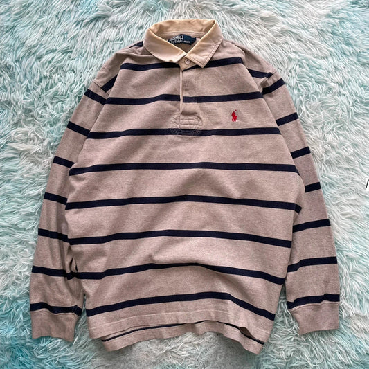 Vintage Grey & Navy Polo Ralph Lauren Rugby Shirt - Large