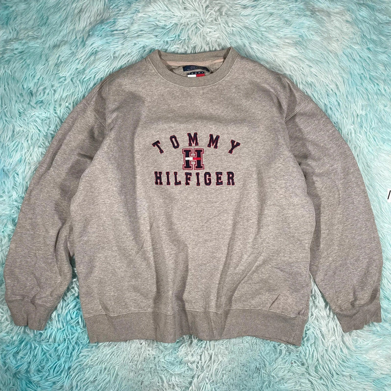 Vintage Grey Tommy Hilfiger Sweatshirt Embroidered Spellout - Large