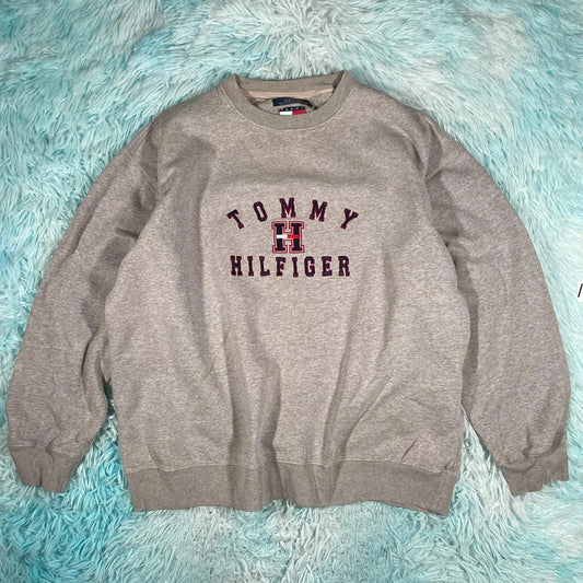 Vintage Grey Tommy Hilfiger Sweatshirt Embroidered Spellout - Large