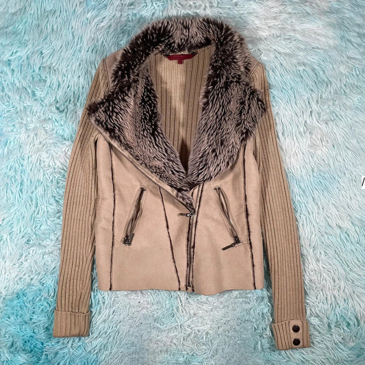Vintage Y2K Beige Rocha Suede Fur Leather Jacket - Size 10