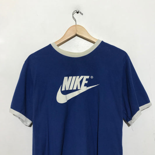 Vintage 00s Blue Nike Ringer Spellout Graphic T Shirt - Large