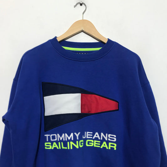 Vintage Blue Tommy Jeans Hilfiger Sweatshirt Embroidered Spellout - Large