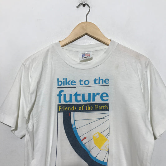 Vintage 90s White Cycling Graphic T Shirt "bike to the future" - Medium