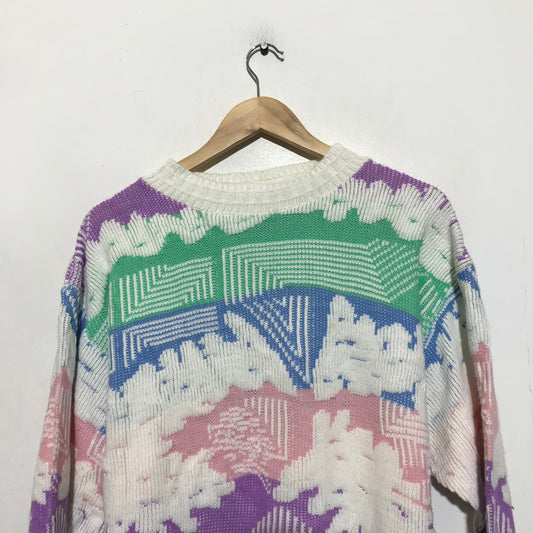 Vintage 90s Multicoloured Funky Patterned Knitted Jumper - Medium