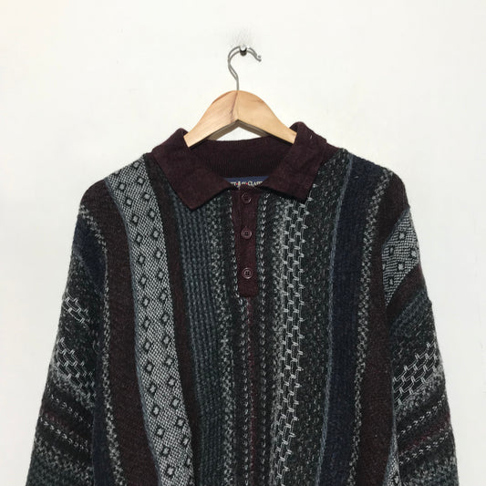 Vintage 90s Collared Grunge Patterned Knitted Jumper - Medium